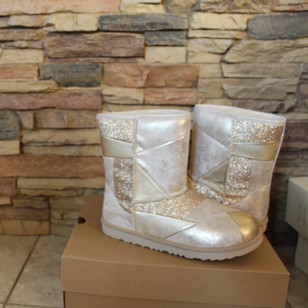 NEW GIRL'S  UGG PATCHWORK Metallic‎ Leather Short Boots GOLD